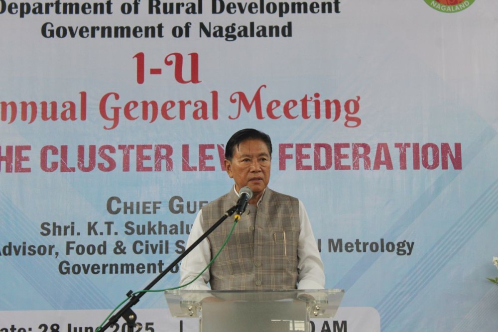 Advisor KT Sukhalu, IAS (Retd) addressing the first annual general meeting of Musa-Phe Cluster Level Federation in Zunheboto on June 28. (Morung Photo)